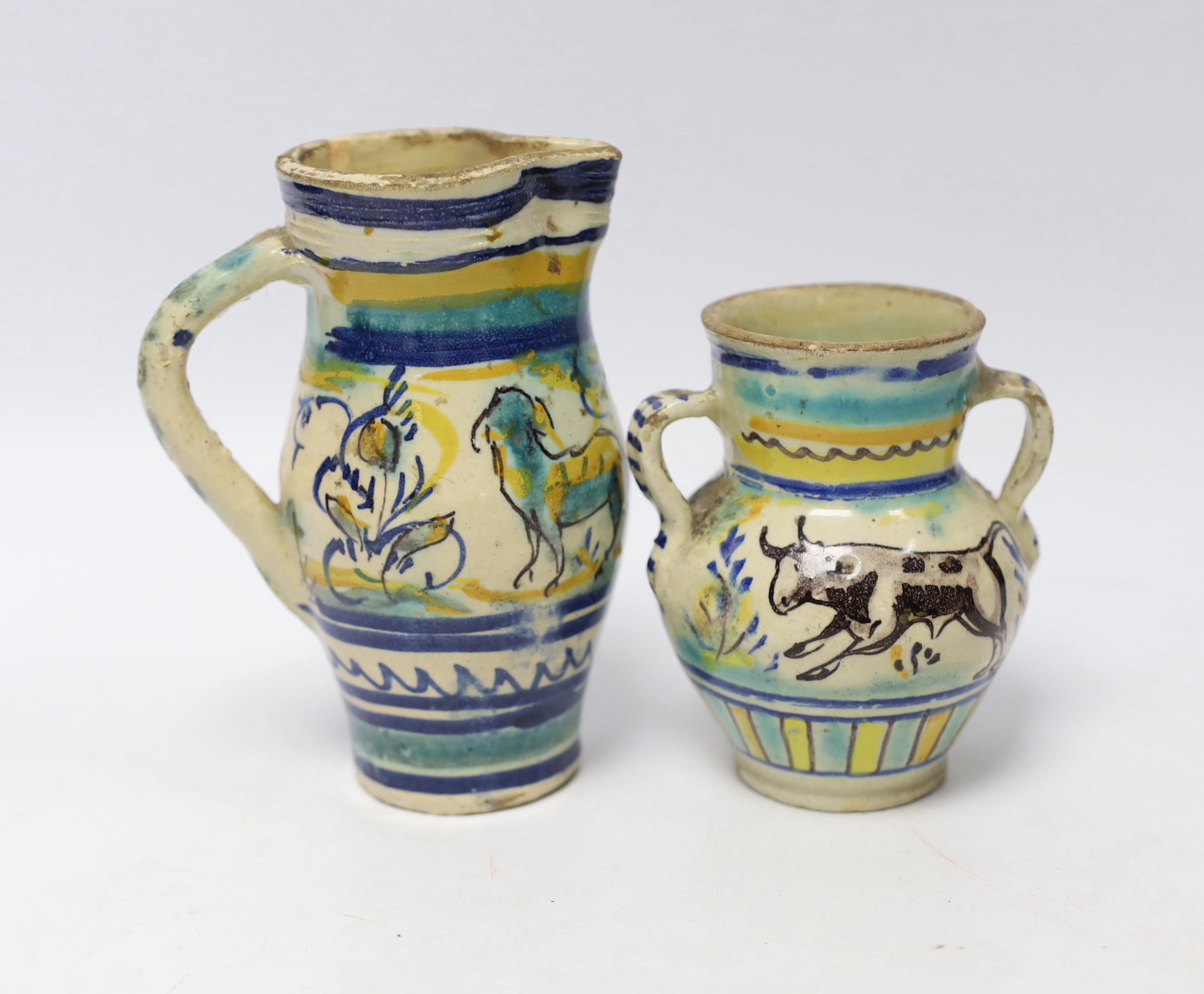 Two Spanish Talavera maiolica vessels, 19th century, tallest 13cm